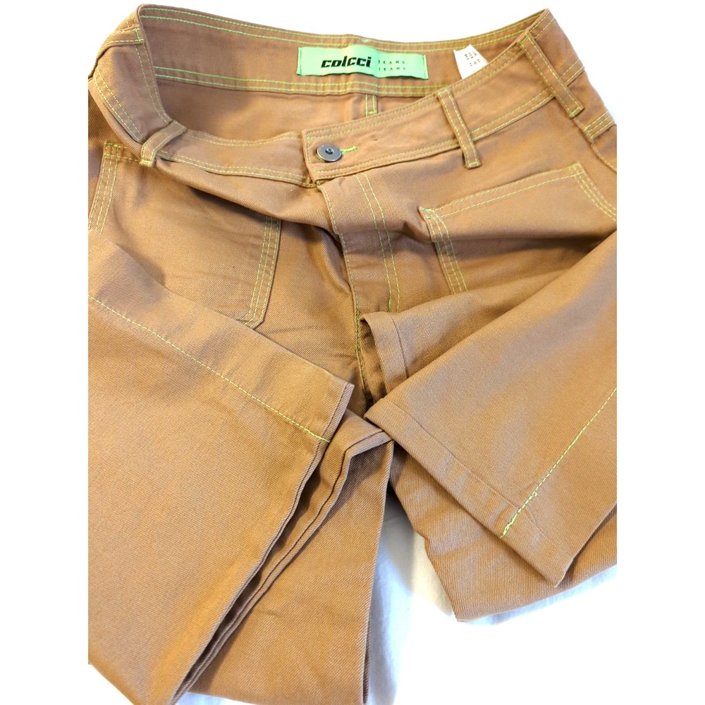 New COLCCI Jeans Women 32/33 Brazil Tan Lime Green Stitching Straight Leg Edgy